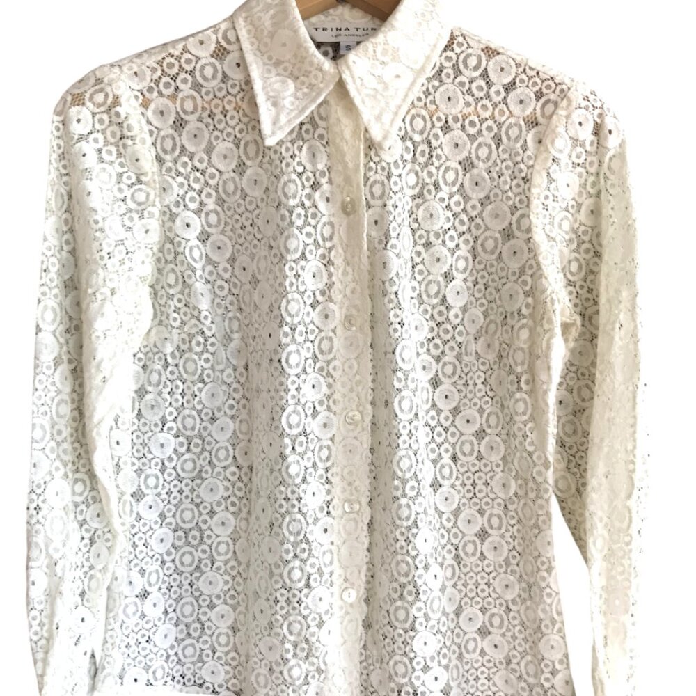 Trina Turk Sheer Lace Button-Down Blouse, Cream See-Thru Top, Size Small - Picture 14 of 15